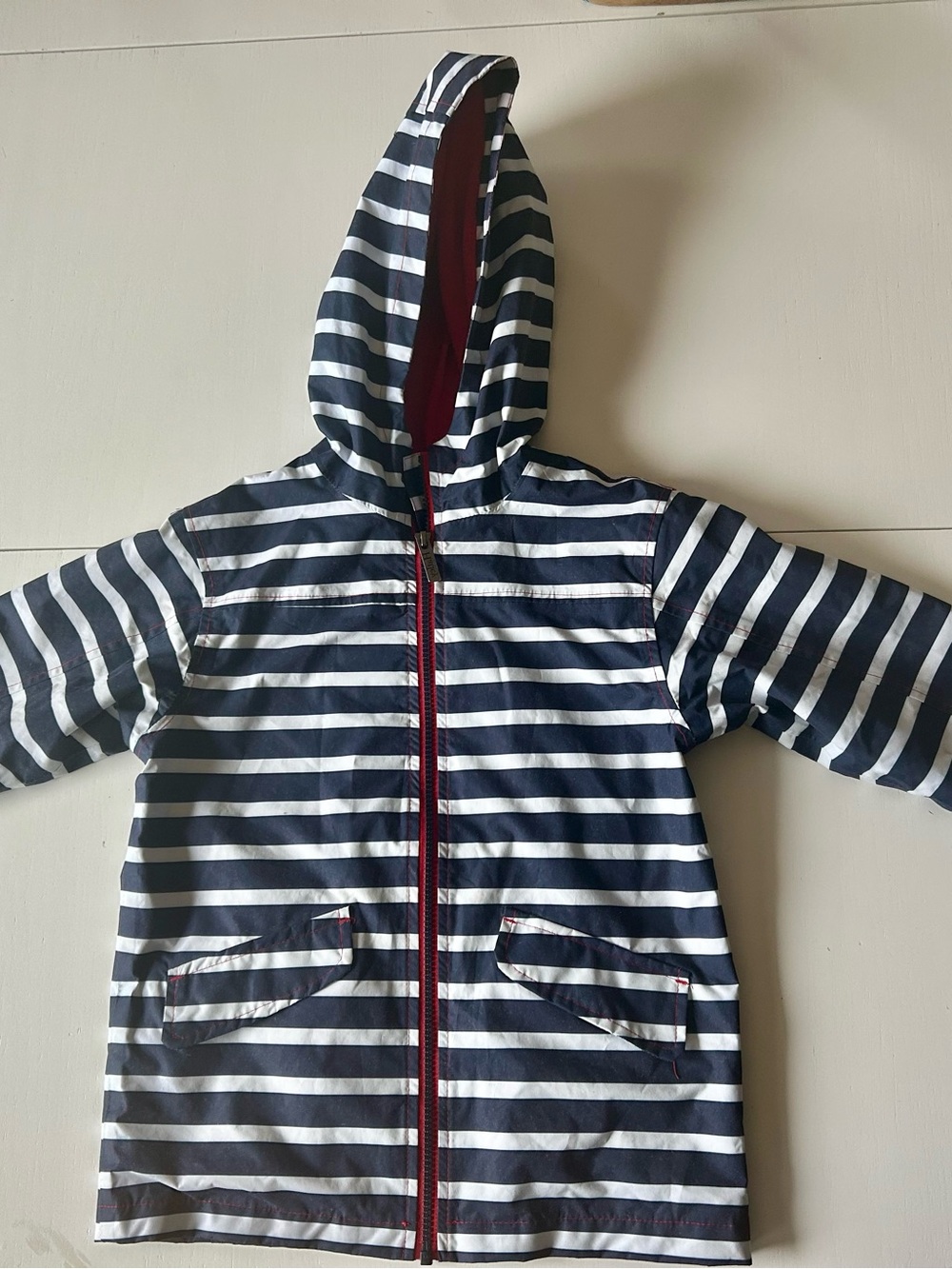 Hatley Navy and White Striped Kids Raincoat with Red Lining